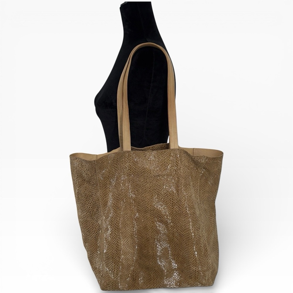 SORIAL Metallic Gold Snakeskin Embossed Leather Large Tote Bag Handbag Neutral